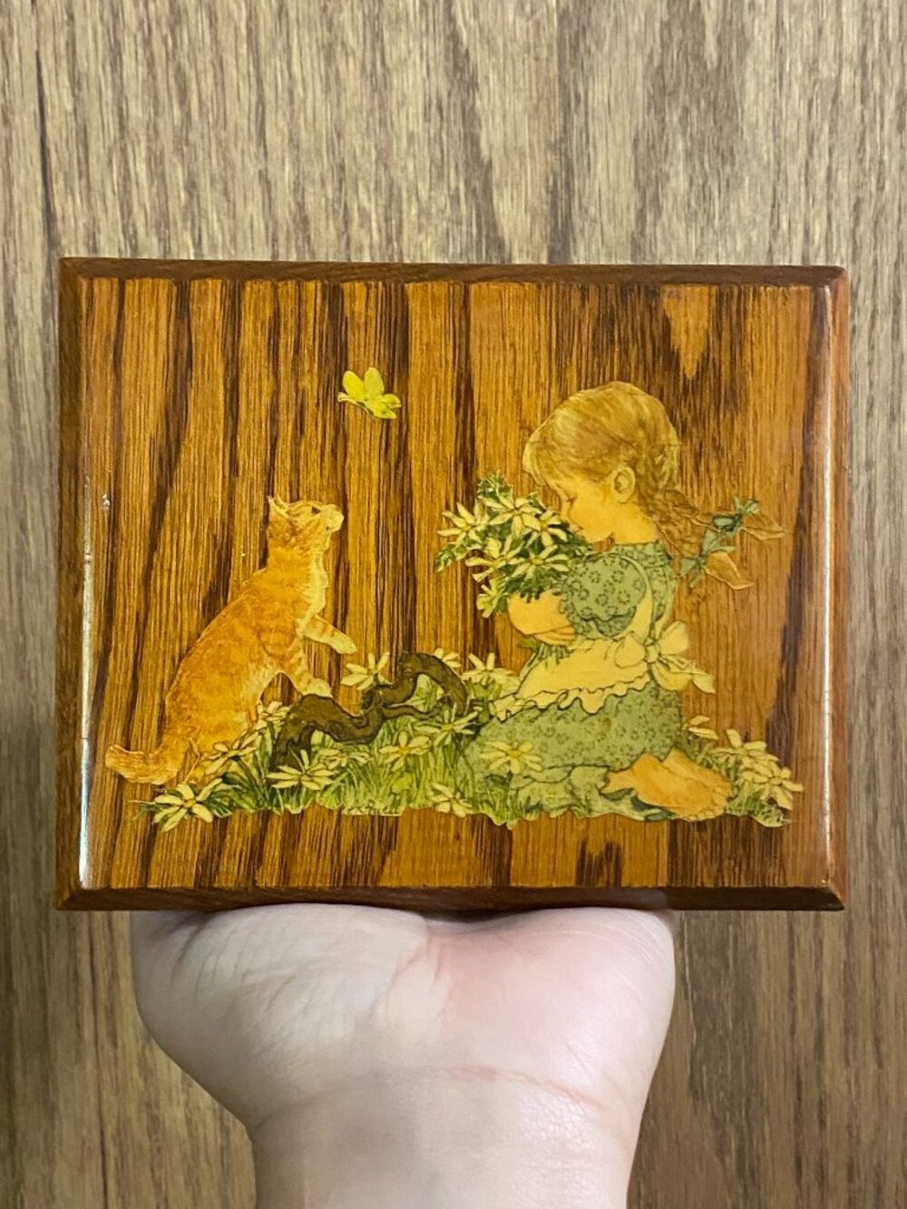 Vintage Holly Hobbie Style Wood Wall Decor Girl and Kitten Cat Cottagecore 1970s